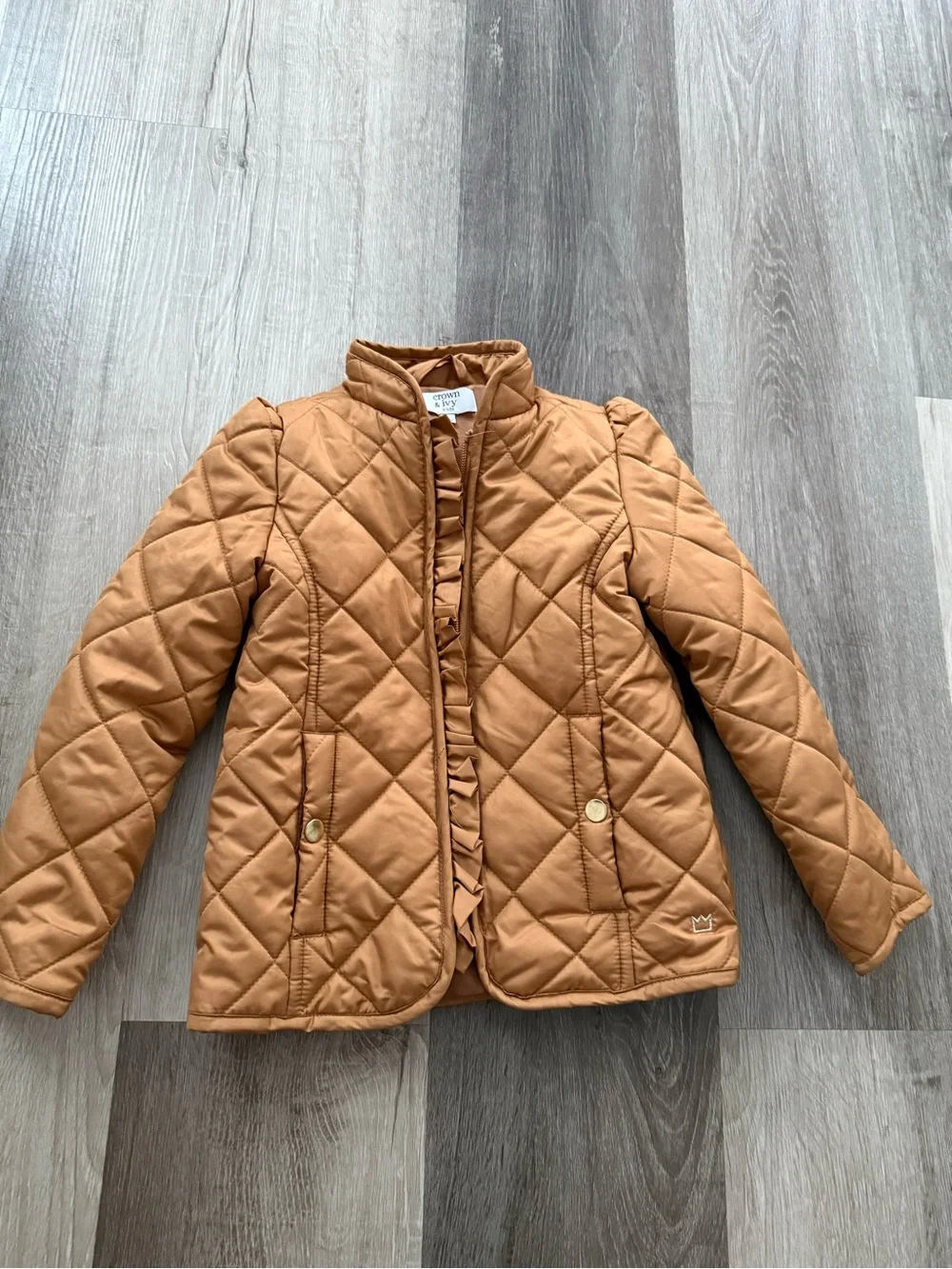 crown & ivy Quilted Tan Puffer Jacket with Ruffle Trim